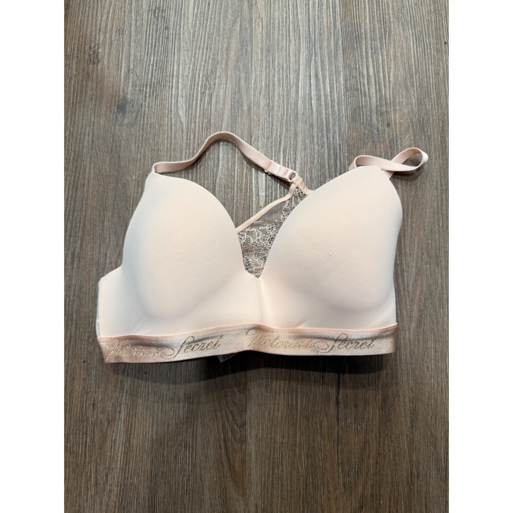 Victorias Secret Peach Wireless Lace Racerback Bra Gold Logo Band 34D 440